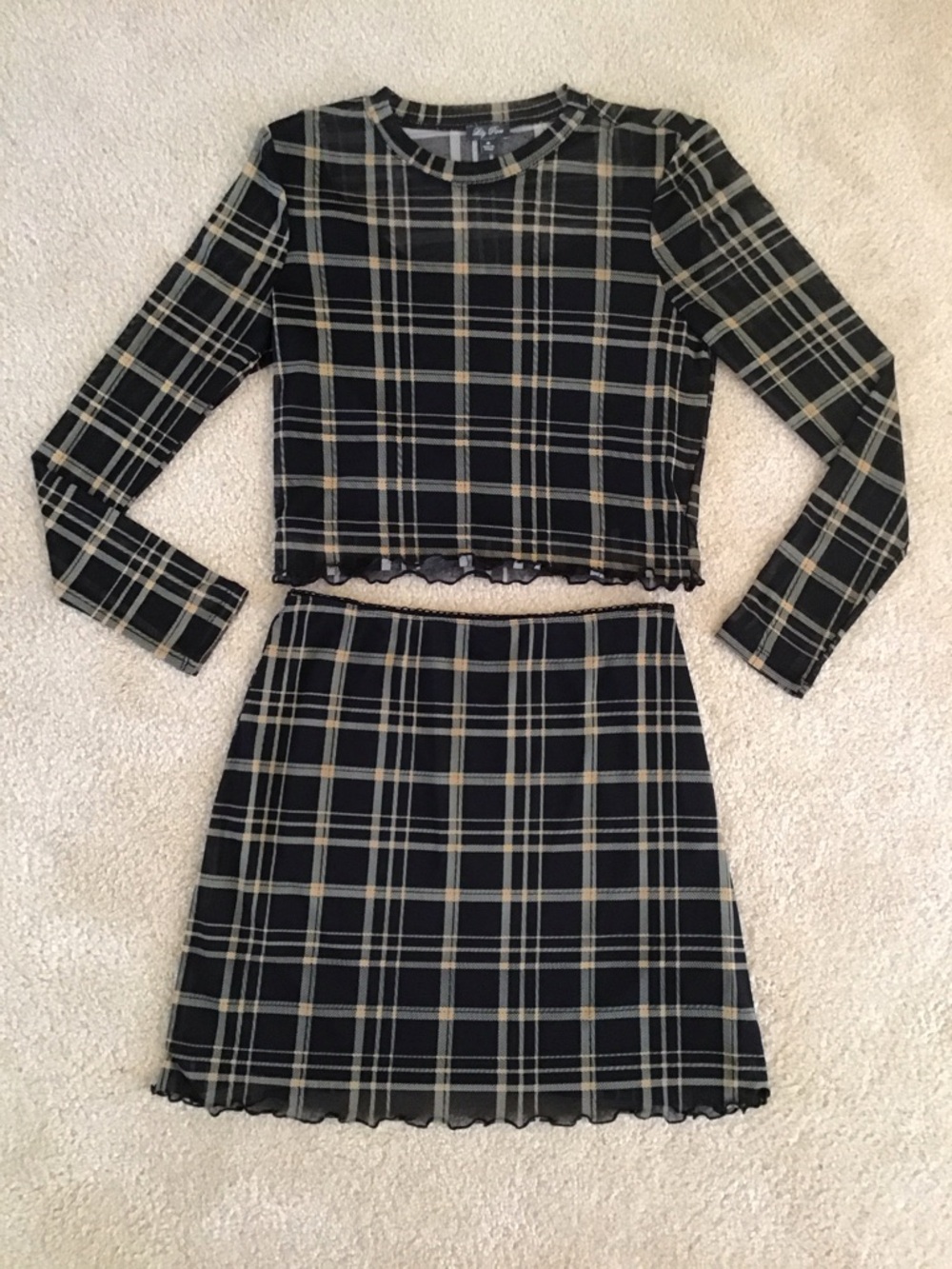 2 Piece Set, Mini Skirt and Matching Top, Black/Yellow Plaid, Size Medium